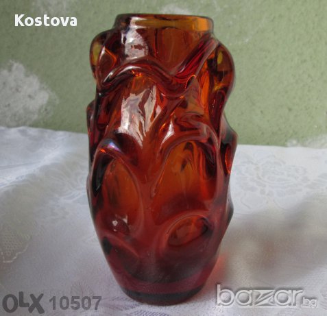 Тежка красива ваза, цвят  кехлибар и фруктиера, стъкло, стъклен, зелен пепелник Сливен