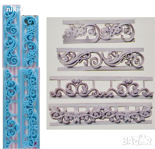 сет 4 вида орнаменти пластмасови резци печат щампа борд кант декор торта фондан тесто, снимка 1