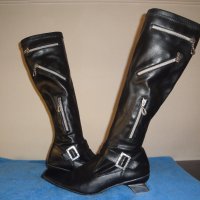 Италиански черни кожени дамски ботуши, с декоративни ципове, естествена кожа, зимни обувки, чизми, снимка 7 - Дамски ботуши - 19758410