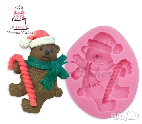 Коледно мече с шапка шал и бастунче силиконов молд форма декорация торта фондан шоколад и др., снимка 1
