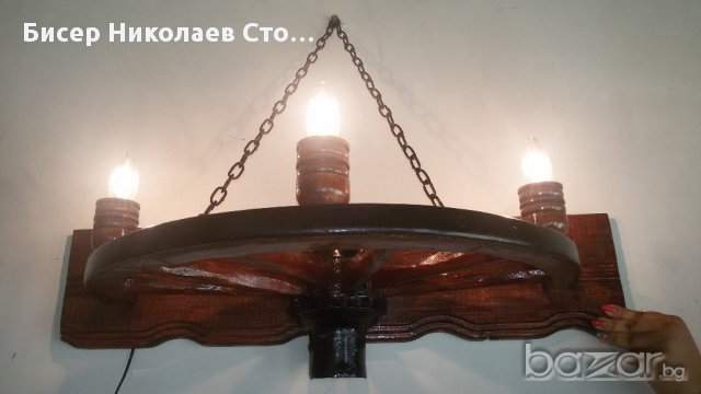 Етно стенна лампа-аплик от колело на каруца с ръчно изработени дървени чашки!, снимка 4 - Лампи за стена - 9066252
