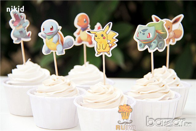 24 бр топер топери клечки Покемон Пикачу и приятели за мъфини декорация рожден ден парти
