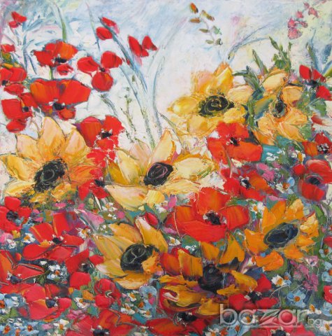 Мима / Art by MiMa Макове и слънчогледи, мак,  картина kartina, oil on canvas painting
