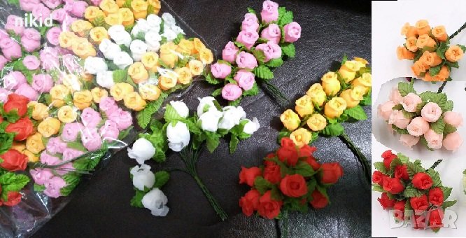 Сноп 12 малки пъпки розички с листа на тел за декорация украса и бутониери, снимка 1