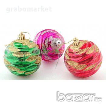 Комплект от 6 бр. цветни релефни топки за окачване на елха, декорирани с брокат. , снимка 1
