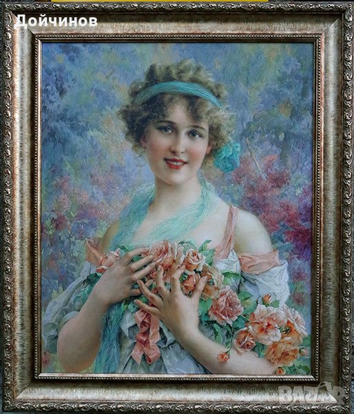 Портрет на млада жена с рози, картина, импресионизъм , снимка 1