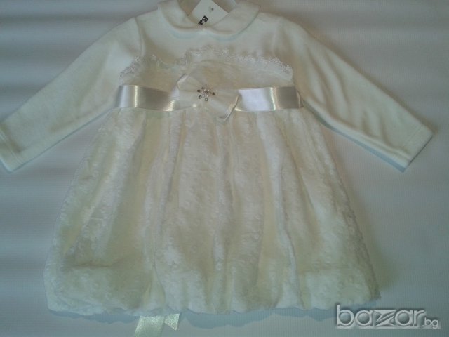  Бяла Детска Рокля  памучен плюш с дантела, тип балон, снимка 1 - Бебешки рокли - 9540453
