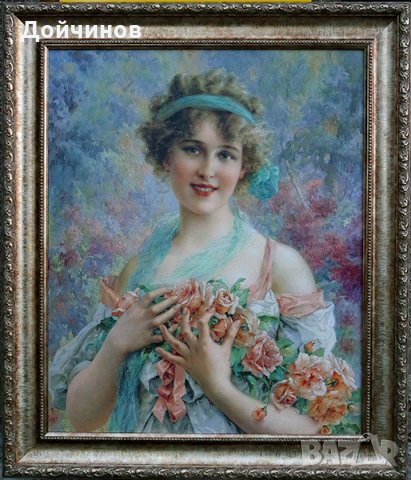 Портрет на млада жена с рози, картина, импресионизъм , снимка 1 - Картини - 23712386