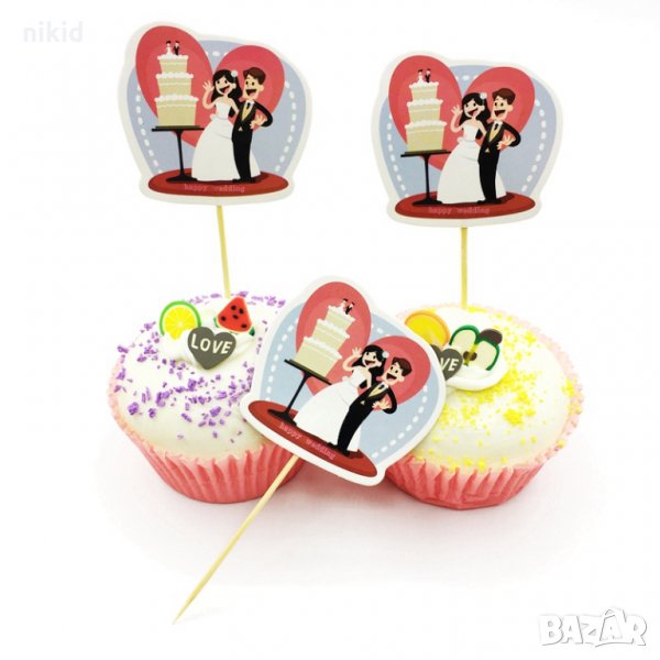 12 бр Двойка и сватбена торта топер клечки декорация за сладки мъфини парти сватба, снимка 1