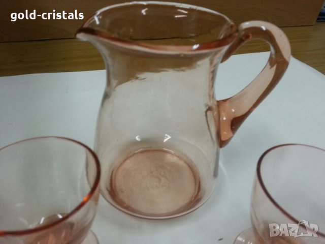 стари стъклени чаши и кана за ракия розово стъкло, снимка 6 - Антикварни и старинни предмети - 25134680