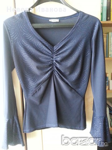 Официална дамска блуза тъмносиня с дълъг ръкав 