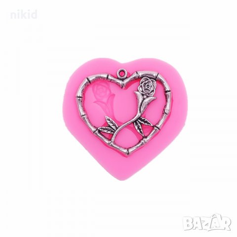 Сърце с роза висулка за колие силиконов молд форма декорация украса с фондан и изработка със смола 
