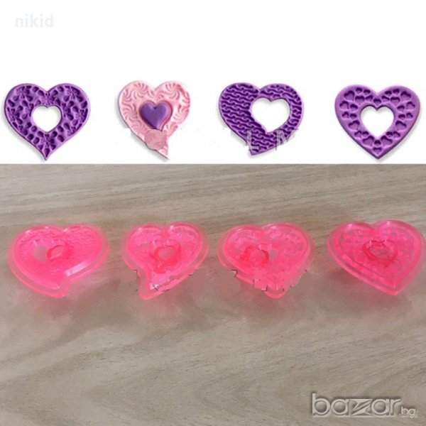 4 бр. печати форми Сърце Сърца пластмасови за украса фондан с релеф, снимка 1