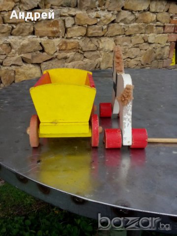 Стара дървена играчка Конче с каручка, снимка 4 - Антикварни и старинни предмети - 17897143