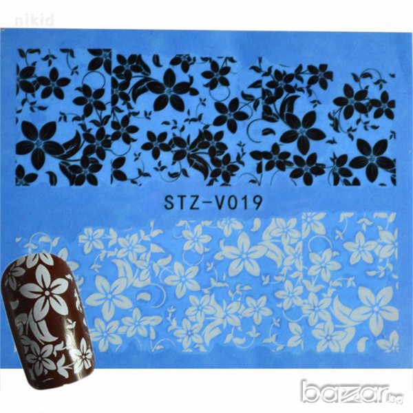 stz-v019 черно бели цветя слайдер татос ваденки водни стикери за нокти, снимка 1