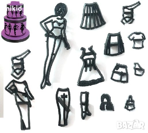 14 бр Жена дрехи облекло части пластмасови резци форми украса фондан торта декор, снимка 1