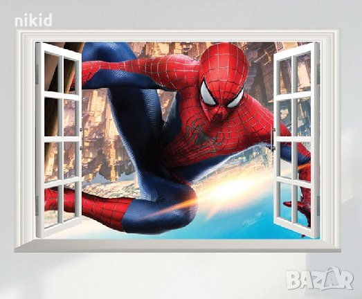 3d Спайдърмен Spiderman Прозорец в стена стикер постер лепенка за стена детска самозалепващ, снимка 1