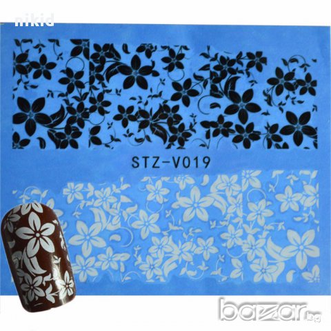 stz-v019 черно бели цветя слайдер татос ваденки водни стикери за нокти