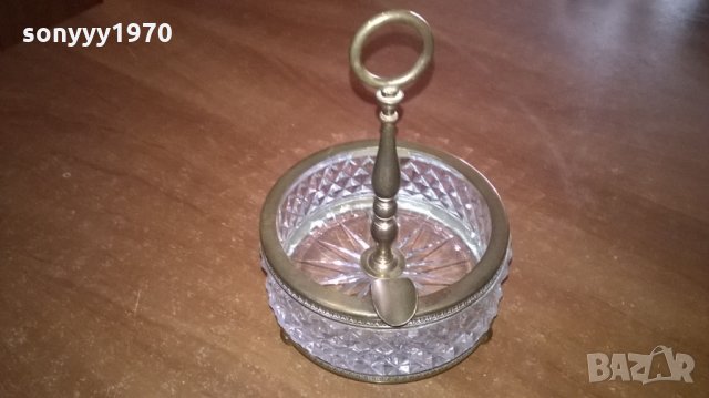 АНТИКА кристал и месинг-ретро пепелник за колекция-14х10см--внос франция, снимка 3 - Антикварни и старинни предмети - 23586731