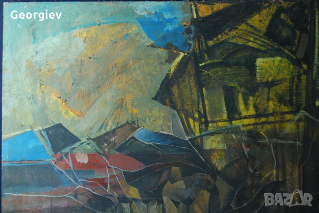 Стара картина,абстракция,пейзаж,български автор,1960-те год., снимка 3 - Картини - 22825608