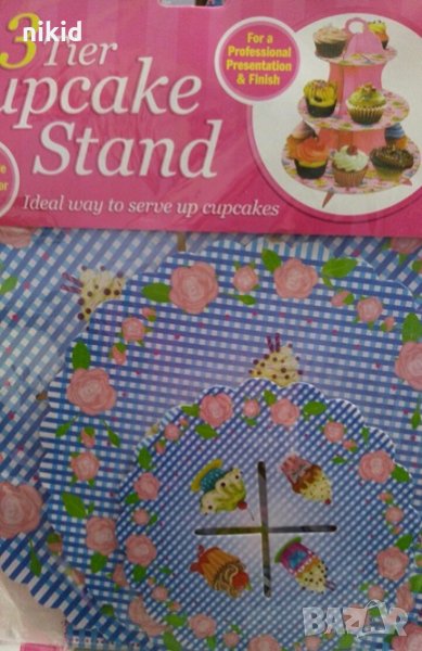 3 етажна Триетажна поставка стойка за мъфини кексчета картонена синя каре с рози и кексчета, снимка 1