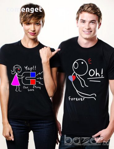 За ВЛЮБЕНИ! LOVE STORY тениски за двойки в цвят по избор! Поръчай модел с твоя ИДЕЯ!