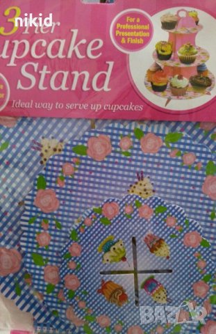 3 етажна Триетажна поставка стойка за мъфини кексчета картонена синя каре с рози и кексчета
