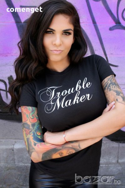 НОВО! Дамски топ TROUBLE MAKER с принт! Поръчай модел С Твоя Снимка или идея!, снимка 1