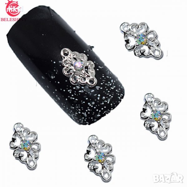 овален орнамент сребрист с камъче бижу декорация за нокти маникюр, снимка 1