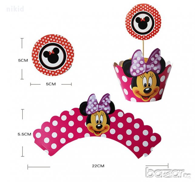 топери и кошнички украса декорация за мъфини кексчета торта и парти Мини Маус циклама, снимка 1