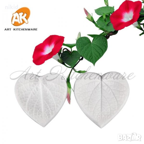 Ипомея фунийки 2 части сърцевидни листа силиконов молд вейнър вайнър украса фондан шоколад торта, снимка 1