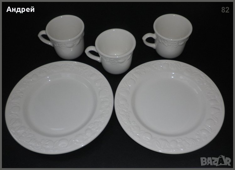 Лот: бели порцеланови чаши+бели порцеланови чинии,релефно инкрустирани, снимка 1