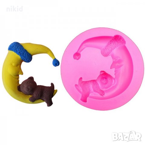 Мече спящо на луна силиконов молд форма фондан шоколад тесто гипс калъп украса