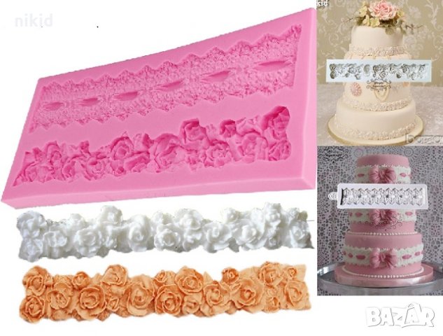 Вмъкнат ширит и лента с рози борд кант силиконов молд форма за фондан украса торта декорация, снимка 1 - Форми - 23181447