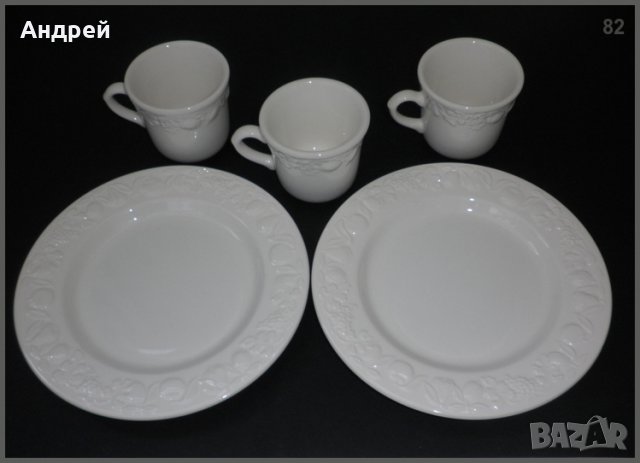 Лот: бели порцеланови чаши+бели порцеланови чинии,релефно инкрустирани