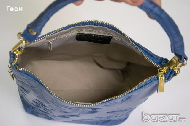 Естествена кожа, синя дамска чанта марка Giulia, снимка 5 - Чанти - 18826261