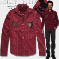 PHILIPP PLEIN RED STUDDED MOUSE SKULL Мъжка Плюшена / Ватирана Риза size S / M, снимка 1 - Ризи - 9251654