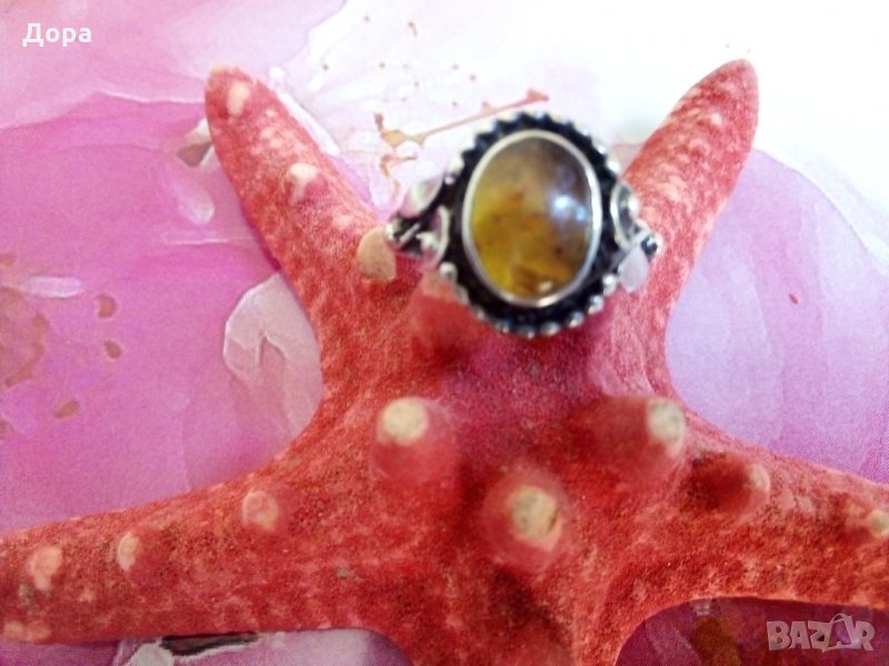 Старинен сребърен с кехлибар пръстен, снимка 1