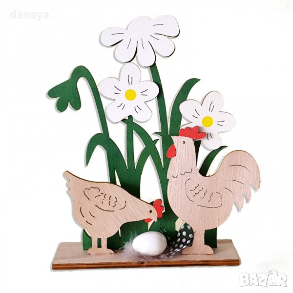 Дървена украса за Великден Петел и кокошка с яйце в градинка, снимка 1