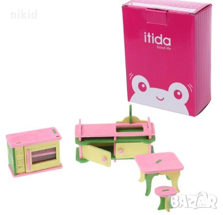 комплект за детска играчка дървена къща обзавеждане кухня печка шкаф с мивка маса табуретка, снимка 1