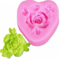 Роза с листа в сърце силиконов молд форма декорация торта фондан шоколад и др., снимка 1 - Форми - 24118081