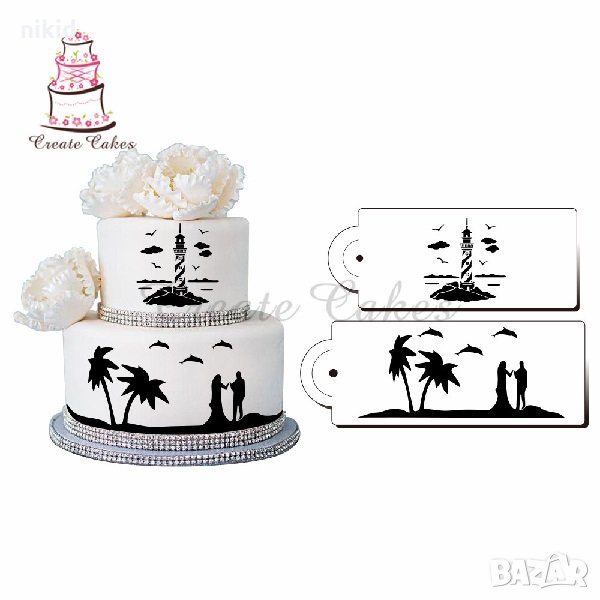  Плаж палми двойка на море кула 2 бр стенсил шаблон за торта украса декорация боя, снимка 1