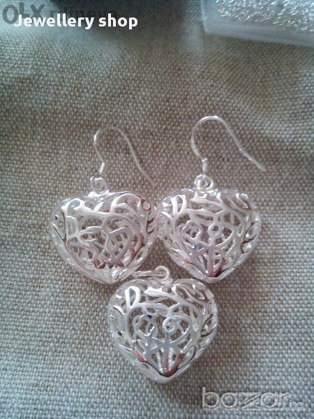 Сребърни комплект обеци и колие Сърце, код 0722, снимка 1