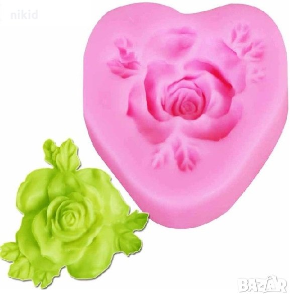 Роза с листа в сърце силиконов молд форма декорация торта фондан шоколад и др., снимка 1