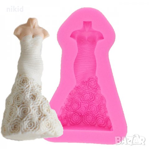Дълга дамска рокля с цветя силиконов молд декорация украса фондан торта мъфини шоколад гипс