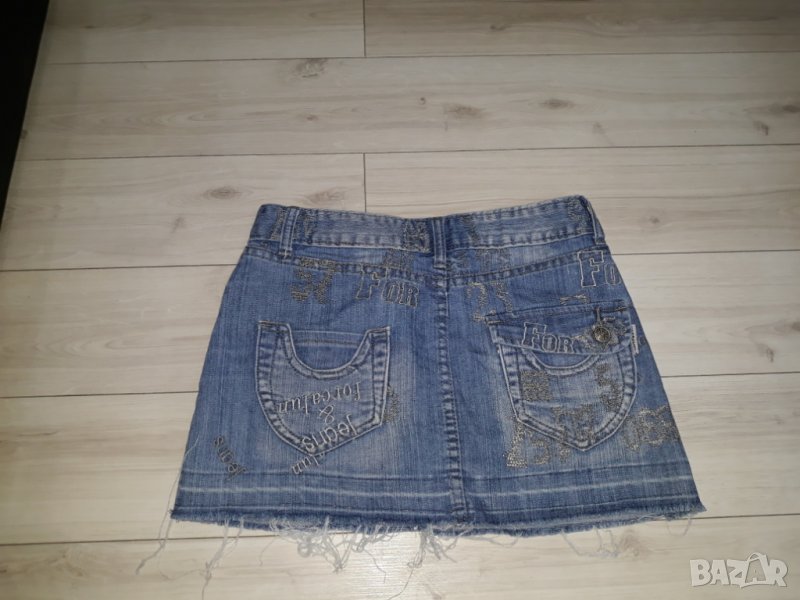 Къса синя дънкова пола с надписи марка Forcalun, снимка 1