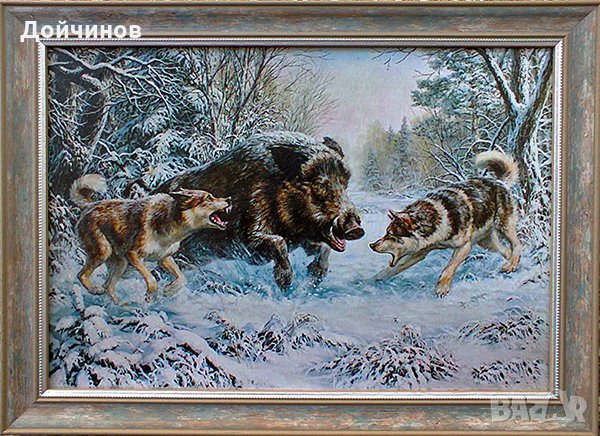 Диво прасе срещу кучета, картина за ловци, снимка 1