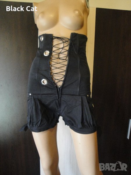 Нов черен къс дамски гащеризон с връзки (тип корсет), къси панталонки, панталони, панталон, блуза, снимка 1