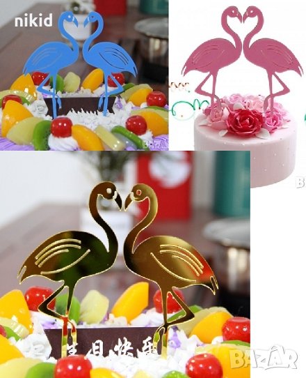 2 бр златно синьо розово фламинго твърд акрил топер украса табела за торта парти рожден ден, снимка 1