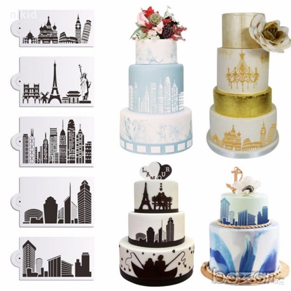 5 бр сгради архитектура  шаблон стенсил спрей за торта украса кекс декорация с пудра захар, снимка 1